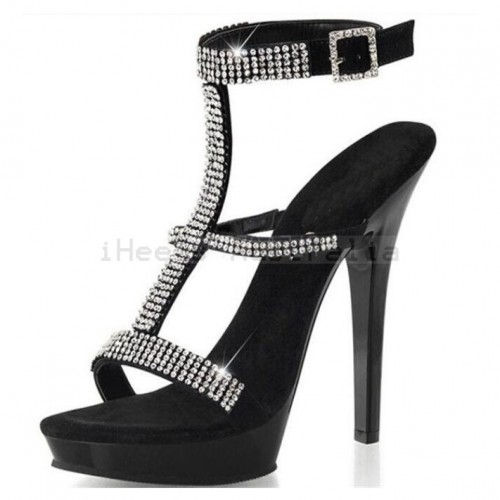 ADORE Black Glitter T Bar 5 Inch High Heel Sandals 