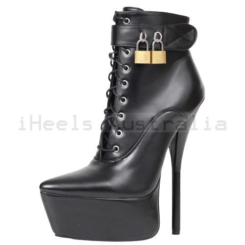 GAGA Fetish Black Matt Locking 7 Inch Platform Heel Ankle Boots