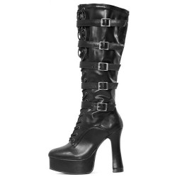 GAGA Black Matt Platform 5 Inch Block Heel Knee High Boots with Buckles