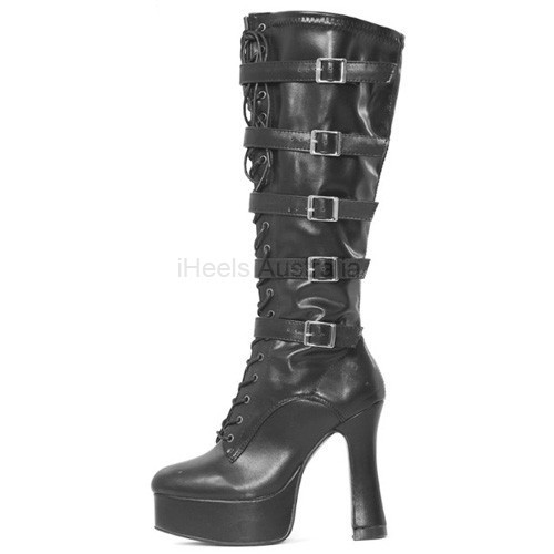 GAGA Black Matt Platform 5 Inch Block Heel Knee High Boots with Buckles