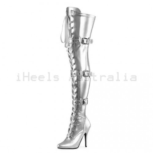 SEDUCE Silver 5 Inch Heel Thigh High Boots with Buckle