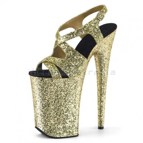 INFINITY Gold Glitter Cross Strap 9 Inch Platform Heels