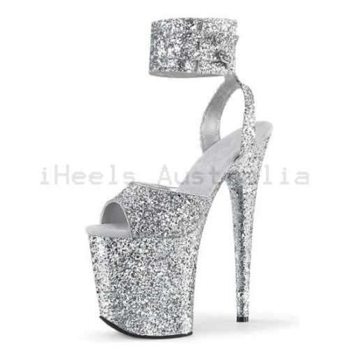 FLAMINGO Sexy Silver Glitter 8 Inch Platform Heels with Ankle Band