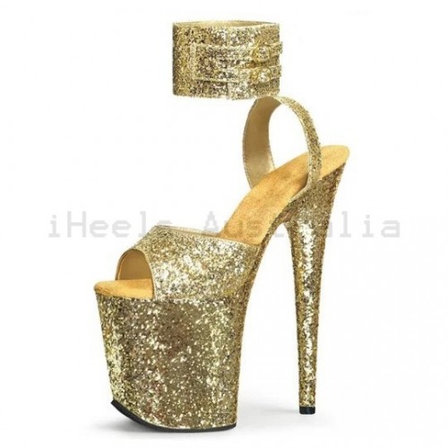 FLAMINGO Sexy Gold Glitter Ankle Strap 8 Inch Platform Heels