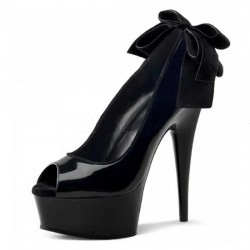 DELIGHT Sexy Black Peep Toe 6 Inch Platform Heels with Bow On Back