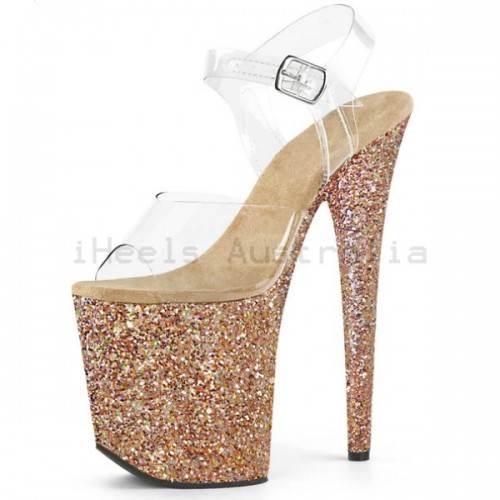 FLAMINGO Clear/Rose Gold Glitter 8 Inch Stripper Heels