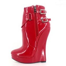 GAGA Sexy Red Duo Buckle 7 Inch Wedge Heel Ankle Boots