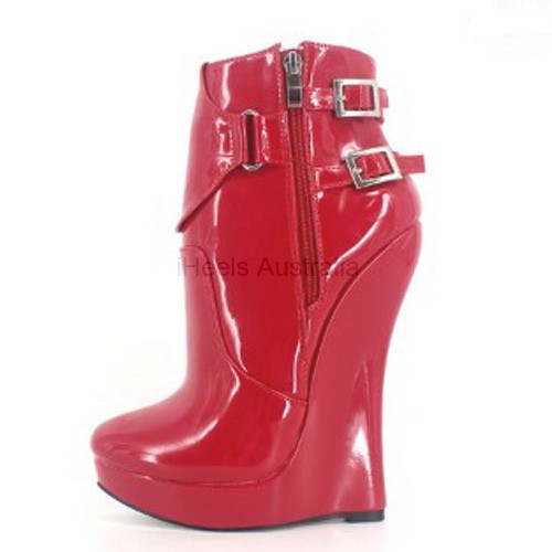 GAGA Sexy Red Patent Duo Buckle 7 Inch Wedge Heel Ankle Boots