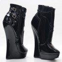 GAGA Sexy Black Patent Duo Buckle 7 Inch Wedge Heel Ankle Boots Pair