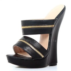 GAGA Sexy Black Matt High Heel Wedge Slides