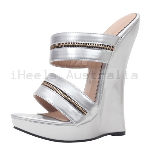 GAGA Sexy Silver High Heel Wedge Slides