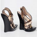 GAGA Sexy Black/Gold Sling Back High Heel Wedges Pair