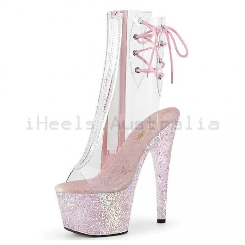 ADORE Clear Open Toe Pink Glitter 7 Inch Platform Stripper Heels