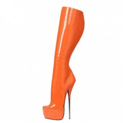 SCREAM Kinky Orange Sexy Plus Size Knee High Boots 8 Inch Metal Heel