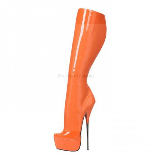 SCREAM Kinky Orange Sexy Plus Size Knee High Boots 8 Inch Metal Heel