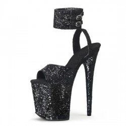 FLAMINGO Sexy Black Glitter 8 Inch Platform Stripper Heels with Ankle Band