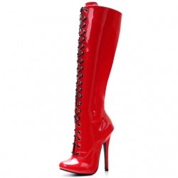 SCREAM Sexy Red Lace Up Plus Size 5 Inch Heel Knee High Boots