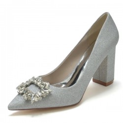 BELLA Sparkly Silver Shoes Block Heel for Wedding Guest