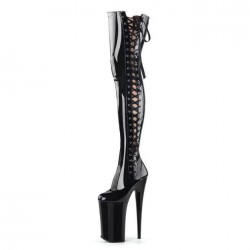 INFINITY Black 9 Inch Heel Side Lace Up Thigh High Pole Dance Boots