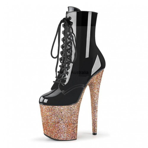 FLAMINGO Black/Rose Gold Glitter 8 Inch Platform Heel Ankle Boots