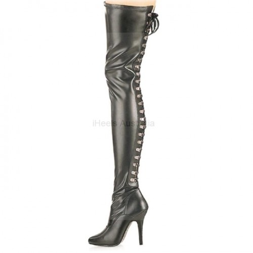 SEDUCE Sexy Black Matt 5 Inch Heel Over Knee Boots Back Lace Up