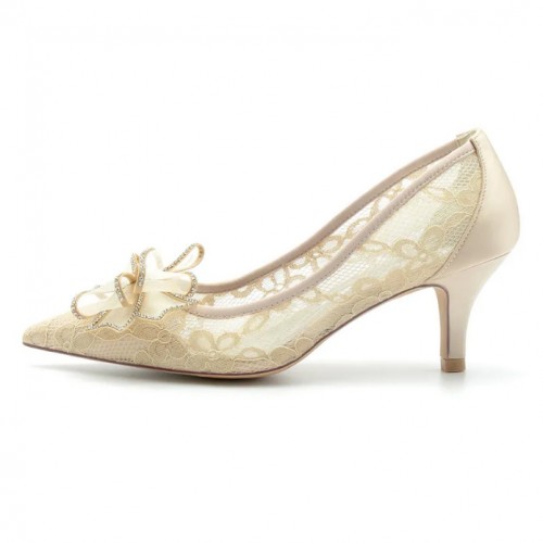 ELLEN Gold Lace Low Heel Shoes with Tulle Bow for Wedding