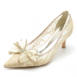 ELLEN Gold Lace Low Heel Shoes with Tulle Bow for Wedding