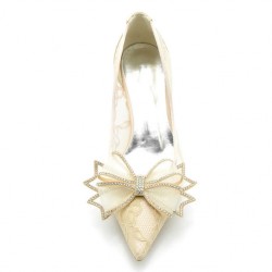 ELLEN Gold Lace Low Heel Shoes with Tulle Bow for Wedding