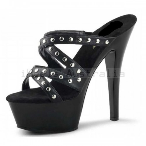 DELIGHT Black Sexy Studded Strappy Platform 6 Inch High Heel Mules