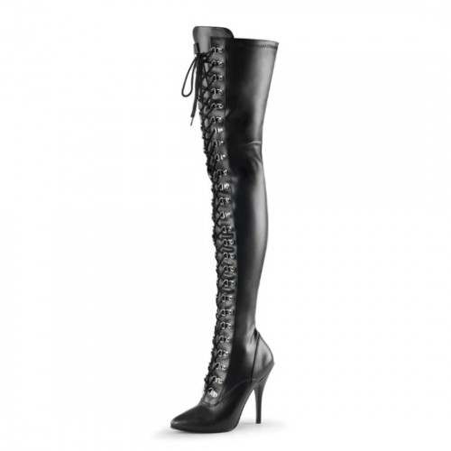 Seduce Sexy Black 5 Inch Heel Lace Up Front Thigh High Boots
