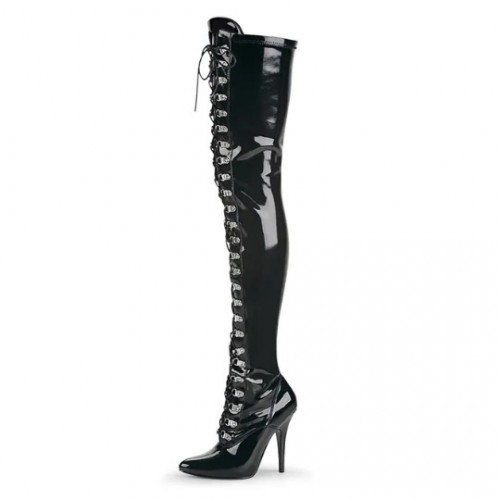 SEDUCE Sexy Black Lace Up Front 5 Inch Heel Thigh High Boots