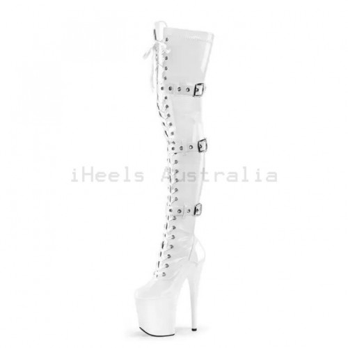 FLAMINGO White 8 Inch Heel Thigh High Pole Dance Boots with Buckle