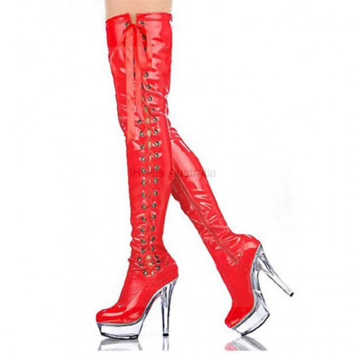 ALLURE Red/Clear 6 Inch Heel Side Lace Up Thigh High Pole Dance Boots