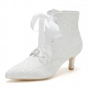 ELLEN White Lace Wedding Boots Low Heel Front Side