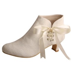 ELLEN Ivory Lace Ankle Wedding Boots Side Ribbon Up